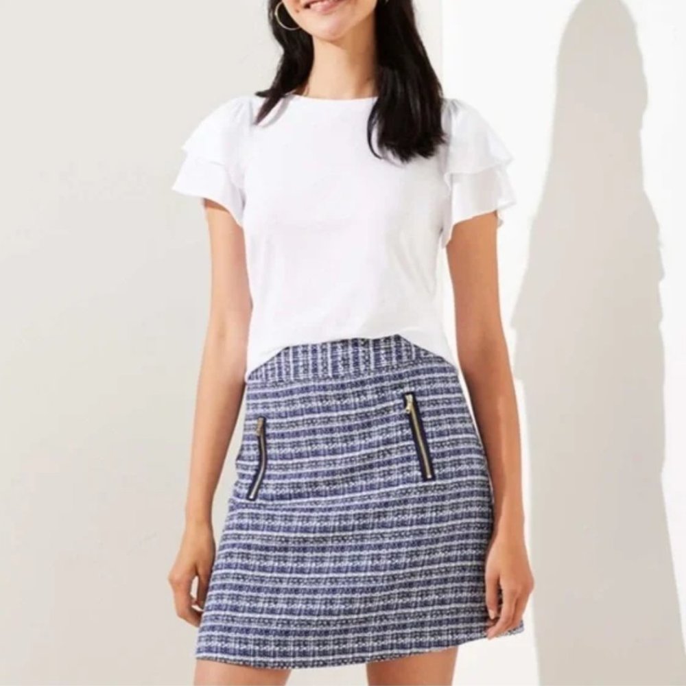 Loft Blue/White Tweed Boucle Zipped Pocket Skirt